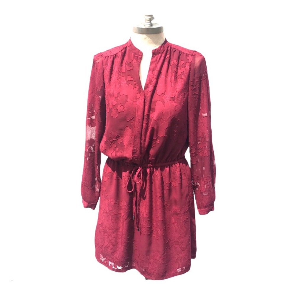 Stunning Sheer Lace Lined Drawstring Wine Dress 6 1401